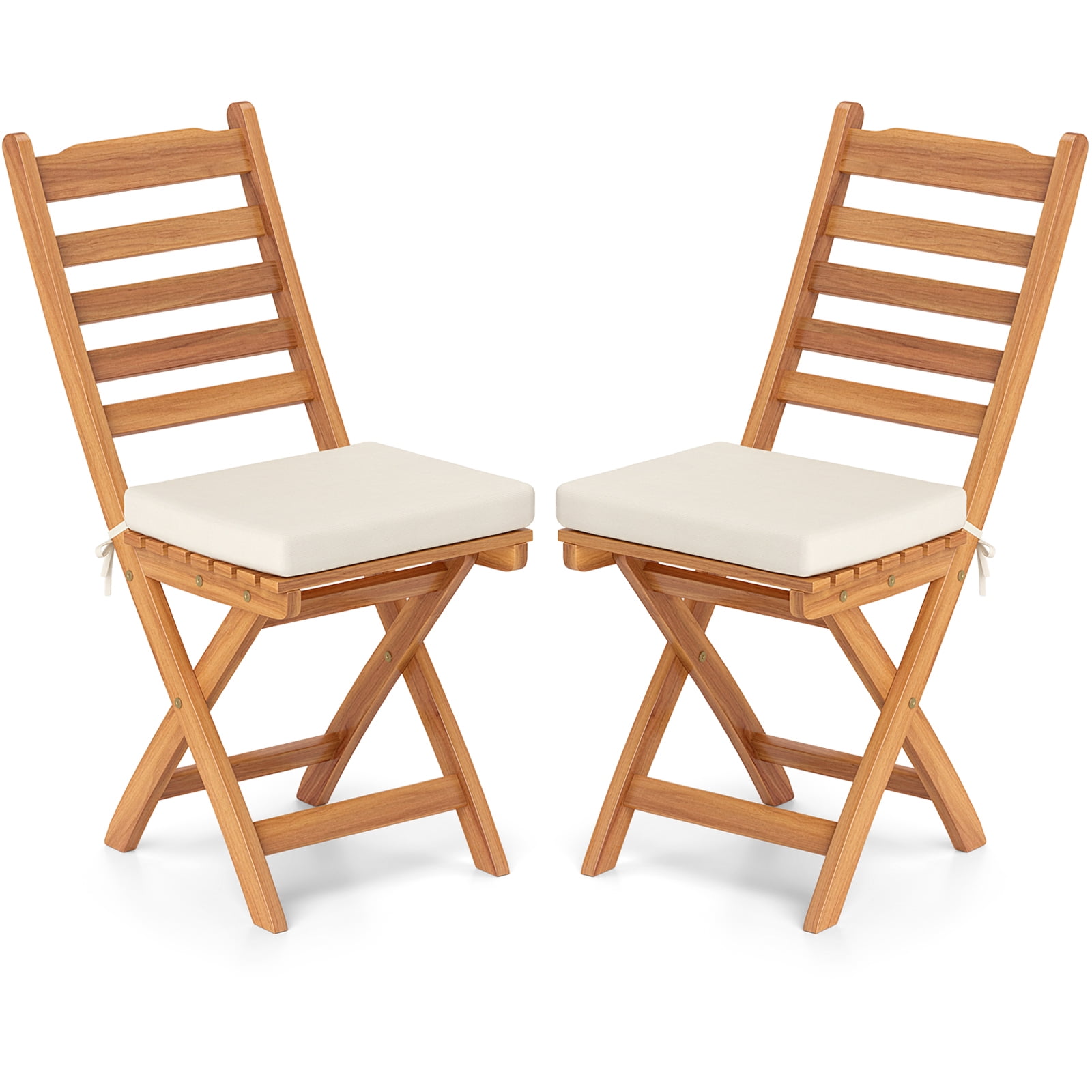 Hommoo 2-Pack Folding Patio Chairs with Soft Off-White Cushions & Natural Acacia Wood Frame, Outdoor Backyard, Balcony & Poolside Seating, White