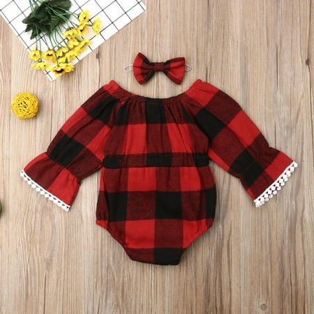 

Newborn Long Sleeve Bodysuits Baby Girl Red Plaid Bowknot Romper Jumpsuit +Headband Clothes 2Pcs Set
