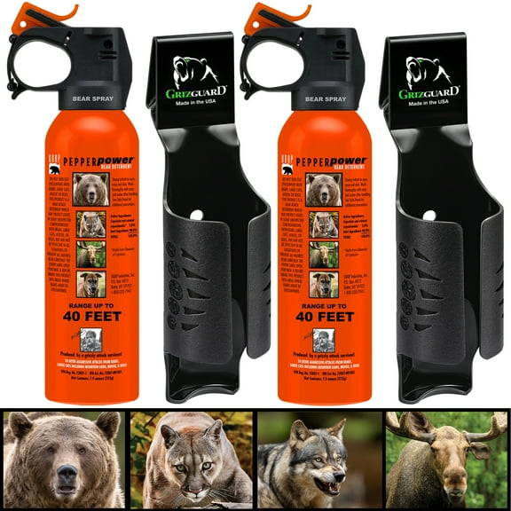 UDAP Pepper Power Bear, Mountain Lion, Coyote, Moose, & Dog Pepper Spray Deterrent with Griz Guard Holster, 40 Foot Bear Fog Deterrent 7.9 oz, 2 Pack, SOG2