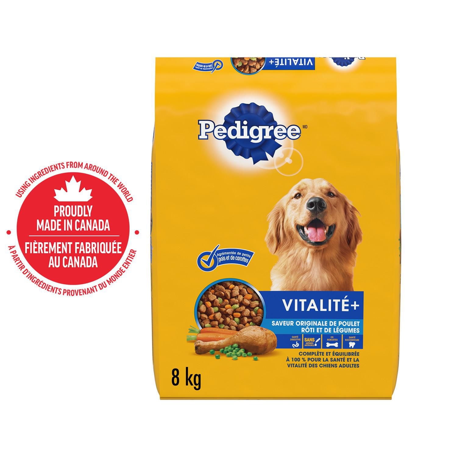 Nourriture sèche pour chiens adultes PEDIGREE VITALITÉ+ saveur originale de poulet rôti et de légumes – favorise des os robustes et des dents en santé, avec calcium