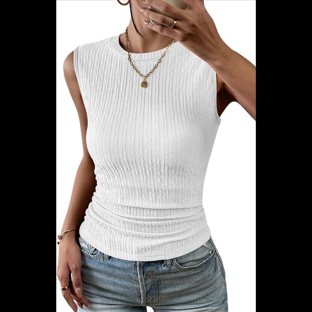 Top Informal de Verano de Punto Acanalado con Cuello Redondo, Corte Entallado, Básico, Texturizado, Sin Mangas, , Talla XL