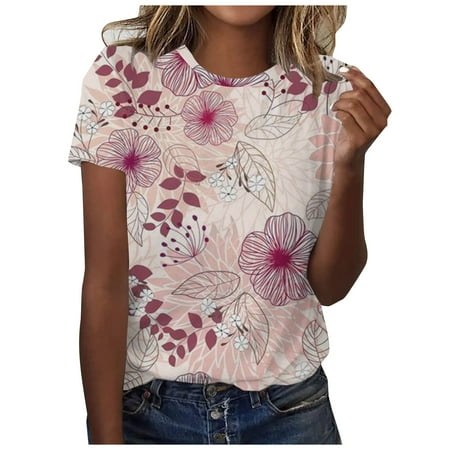 

kakina CMSX Plus Size Blouse Clearance Women Summer Loose Print Round-Neck T-Shirt Short Sleeve Blouse