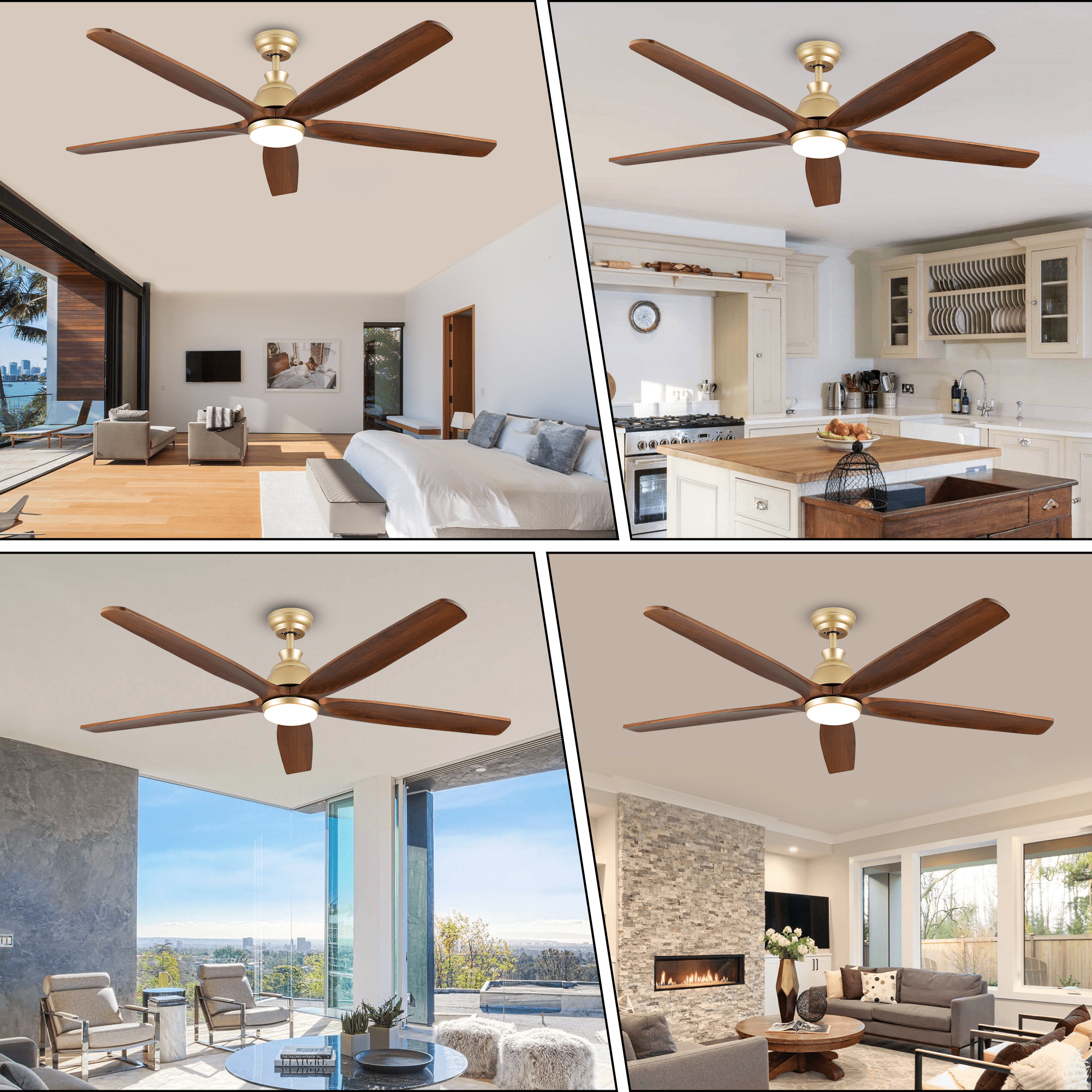 52 inch Gold Ceiling Fan with Light, Solid Wood 5 Blades Modern Farmhouse Large Airflow Brass Ceiling Fan for Indoor Outdoor Bedroom Kitchen Porch
