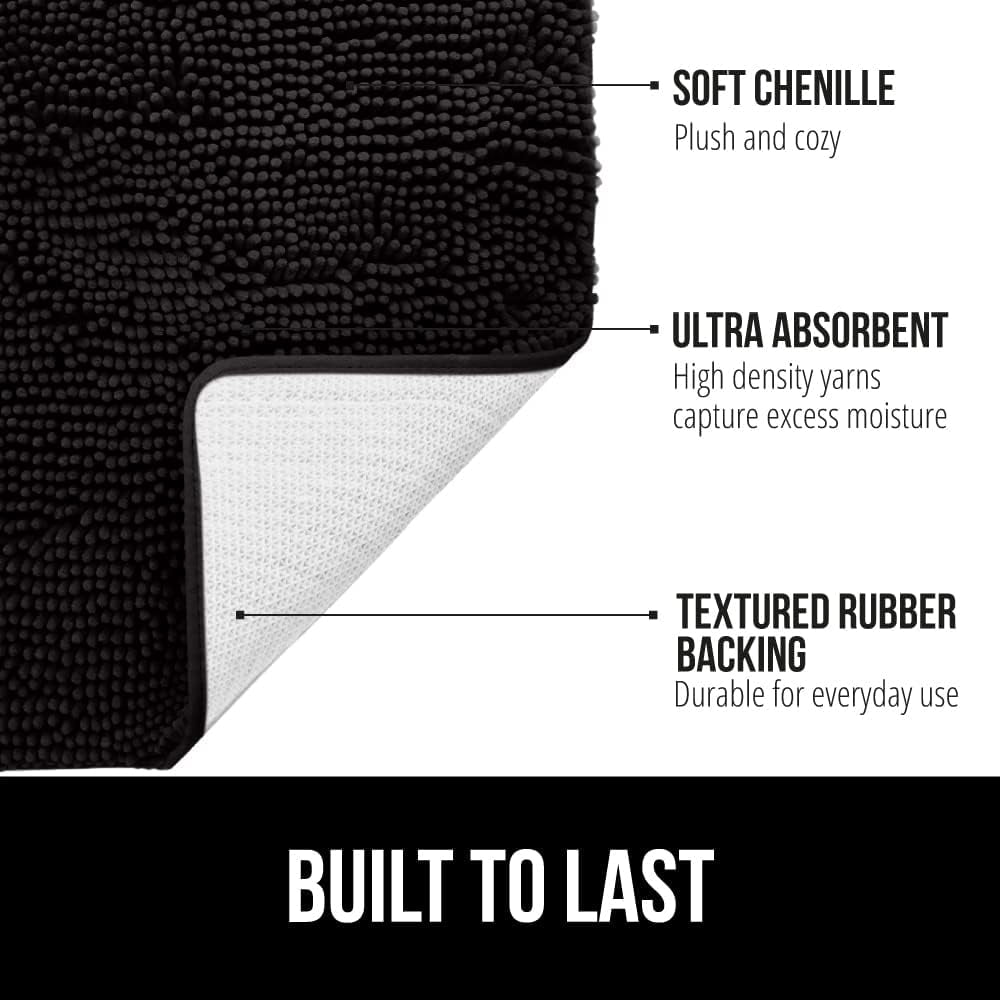 Bath Rug 30x20, Thick Soft Absorbent Chenille, Rubber Backing Quick Dry Microfiber Mats, Machine Washable Rugs for Shower Floor, Bathroom Runner Bathmat Accessories Decor, Black