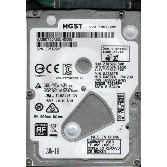 HGST HTS725050A7E630 P/N: 0J38075 MLC: DA6514 China 500GB