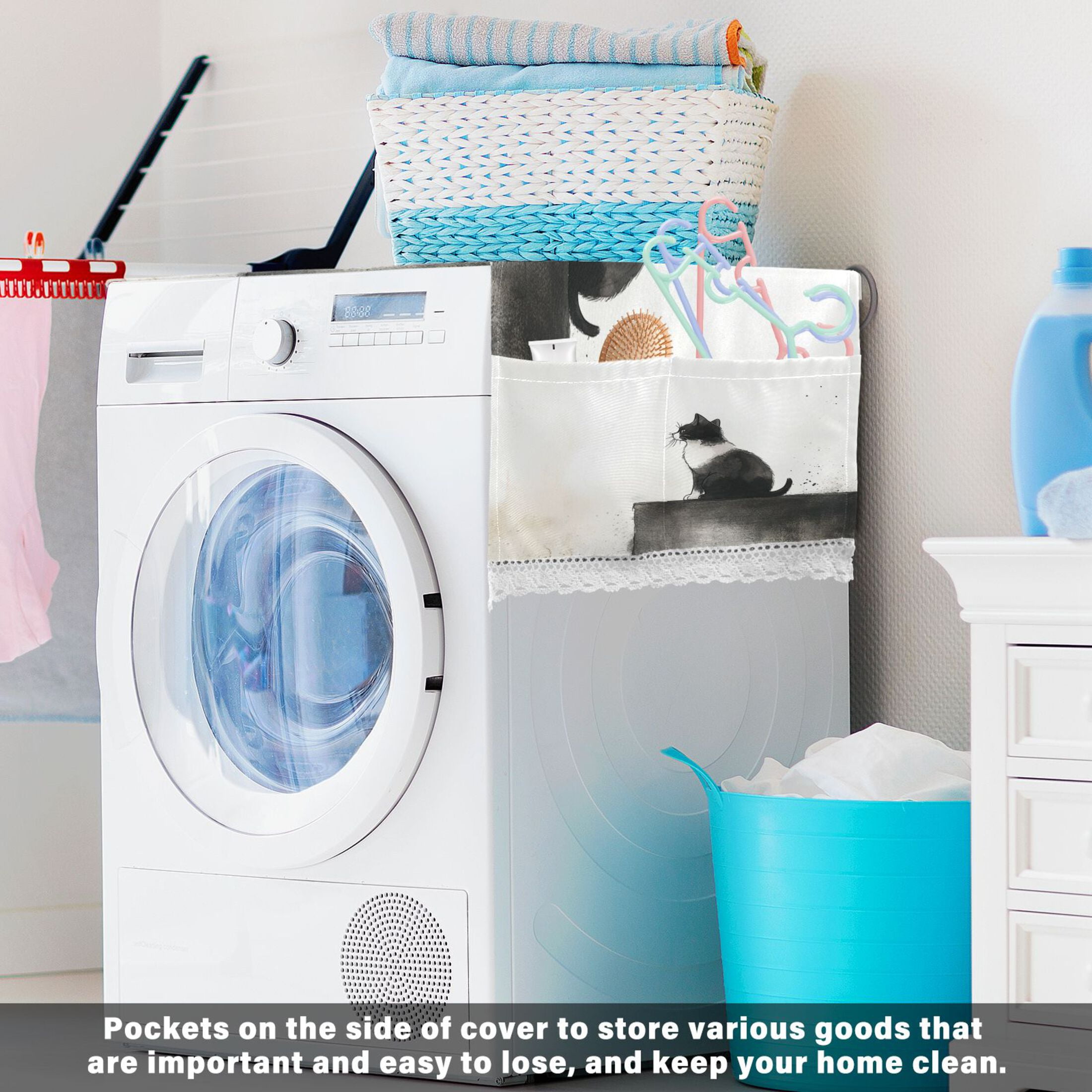 Cow CatWasher and Dryer Covers Dust-Proof and Oil Resistant Fridge Cover with 4 Storage Pockets Washing Machine Top Cover for Laundry Kitchen Home 51.2 x 22 In