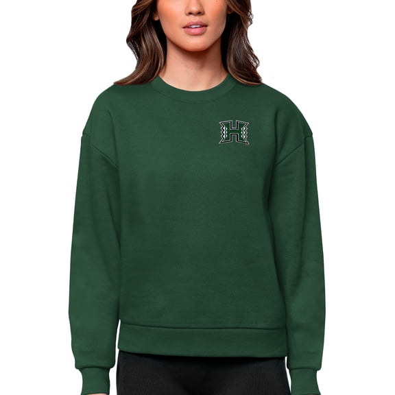 Women's Antigua Green Hawaii Warriors Logo Victory Crewneck Pullover Sweatshirt
