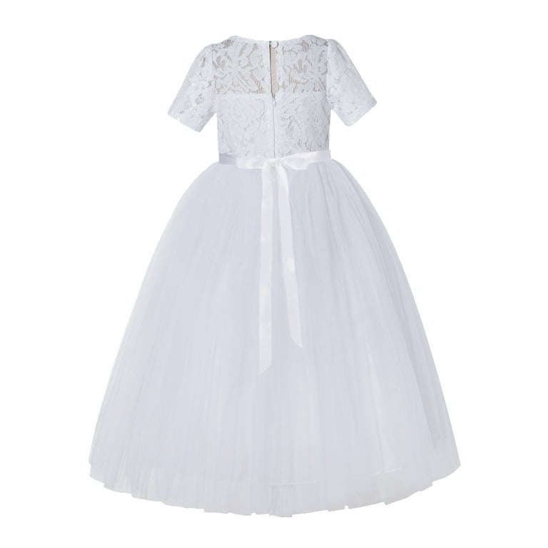 White Floral Lace Flower Girl Dress with Sleeves Pretty Princess LG2R7 White / 4