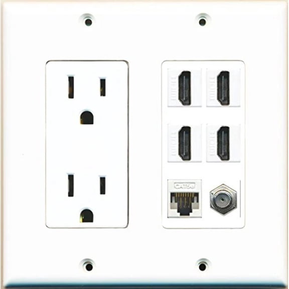 RiteAV Power Outlet 4 HDMI White Coax Cat5E Wall Plate White