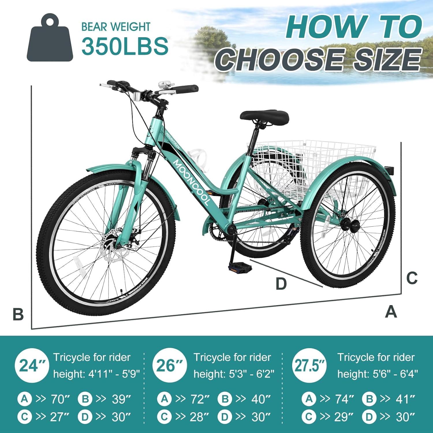 MOONCOOL Mountain Tricycle for Adults, 3 Wheeled 7-Speed Mountain Tricycle 24/26/27.5 inch Men's Women's Tricycles Cruiser Bike with Cargo Basket