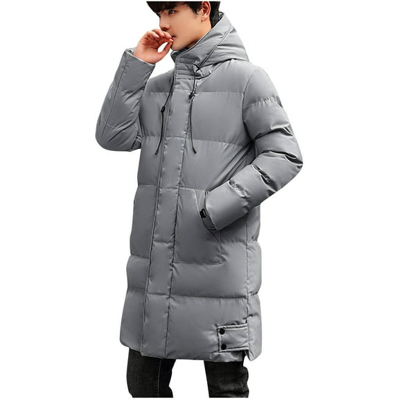 Fjofpr Men Long Winter Coats Clearance Sale Men's Solid Color Medium Long Thick Zipper Button Pocket Long Sleeved Hooded Casual Jacket