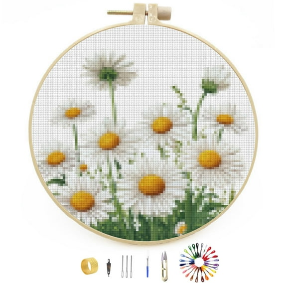 DIY Stamped Cross Stitch Kits Little Wild Daisy Flowers Easy for Beginners with Hoop 11CT Counted Embroidery Needlepoint Crafts Arts for Handmade Enthusiasts and Home Decor 30x30cm(4)