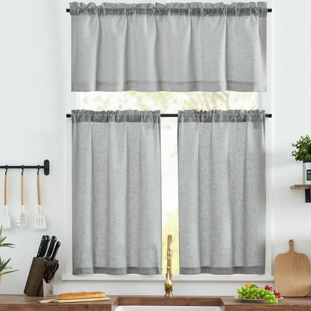 Curtainking Kitchen Window Curtains and Valance Sets Farmhouse Semi-Sheer Cafe Curtains, Rod Pocket, 52" x 36"(3 Panels)