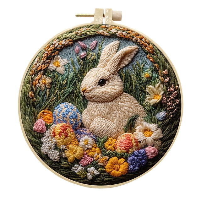 YWIYIUD 1PC DIY Punch Needle Kits Cute Cartoon Happy Easter Rabbit and Eggs Embroidery Punch Needle Craft with Hoop for Beginners for Festival and Decoration Craft Lovers and Home Decor 6inch