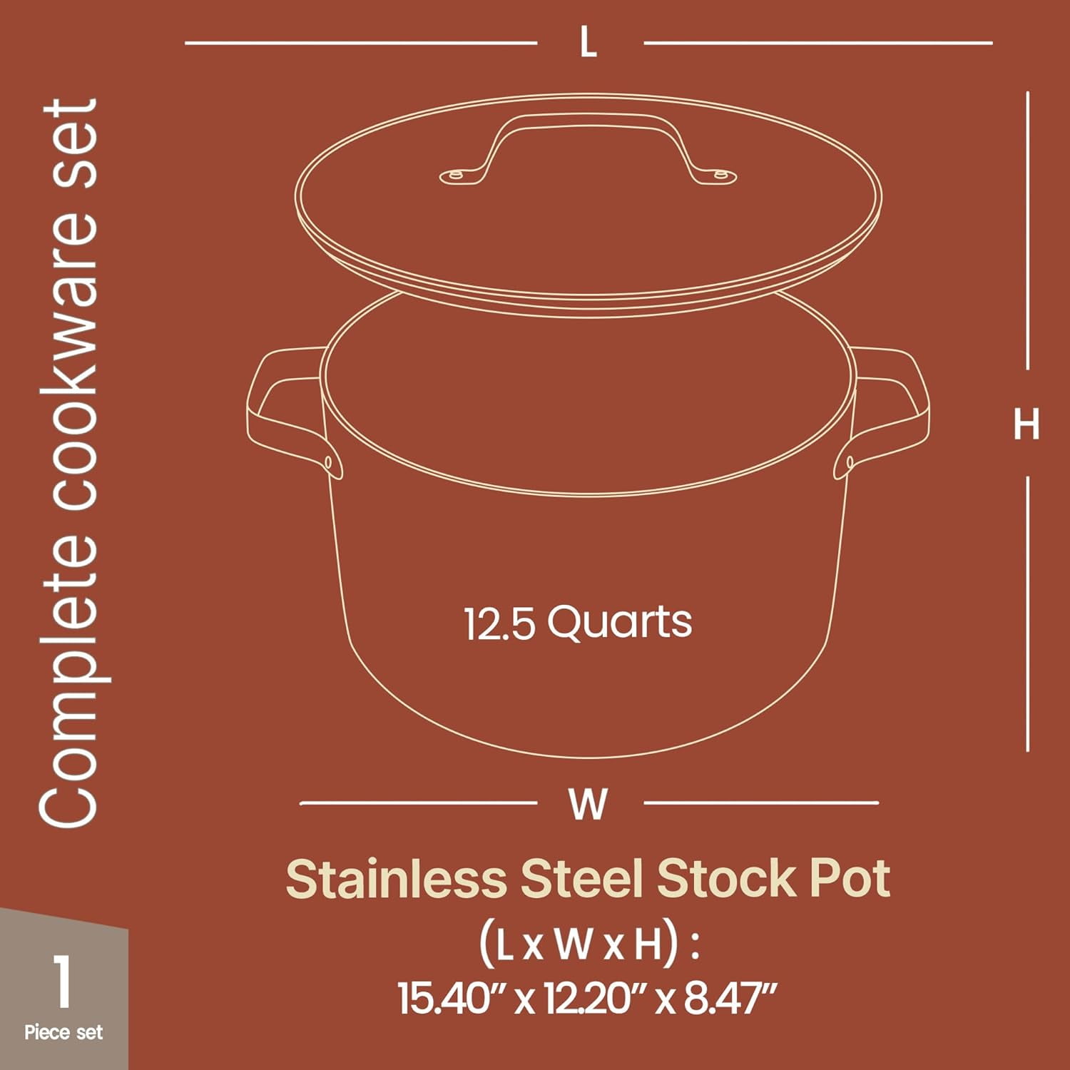 Bakken 12.5 Quart Ceramic Coated Stock Pot with Glass Lid and Stainless Steel Handles