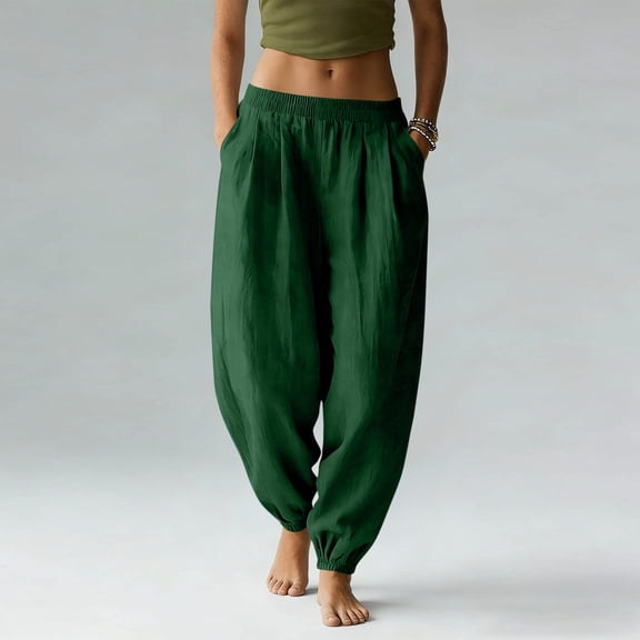Linen Pants for Women Loose Pleated Elastic Waist Tapered Leg Pant Womens Casual Solid Plus Size Relaxed Lightweight Breathable Cotton Linen Pant