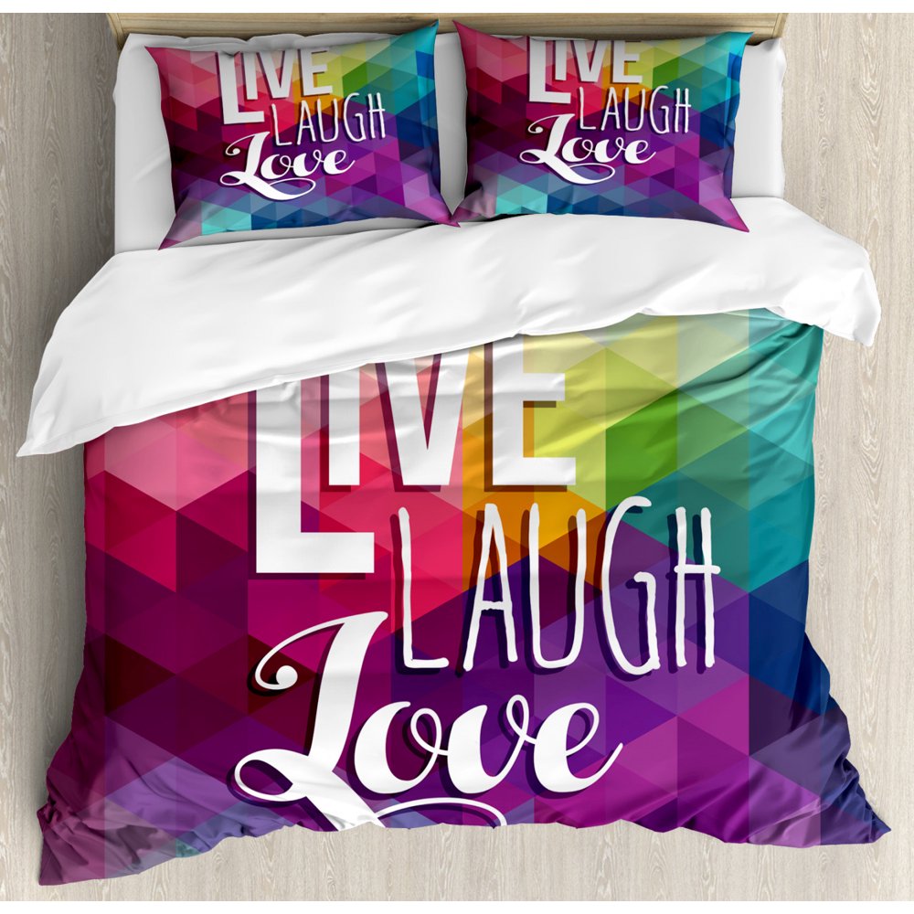 Live Laugh Love Duvet Cover Set, Geometric Colorful Backdrop with