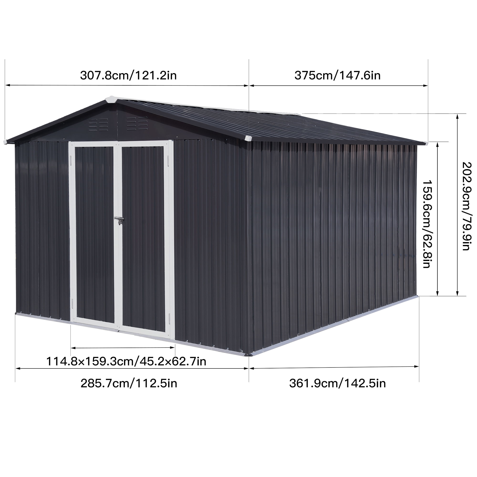10x12FT Outdoor Metal Storage Shed Tool Bike Generator Weatherproof with Shutter Vents Floor for Garden Patio Backyard, Dark Gray