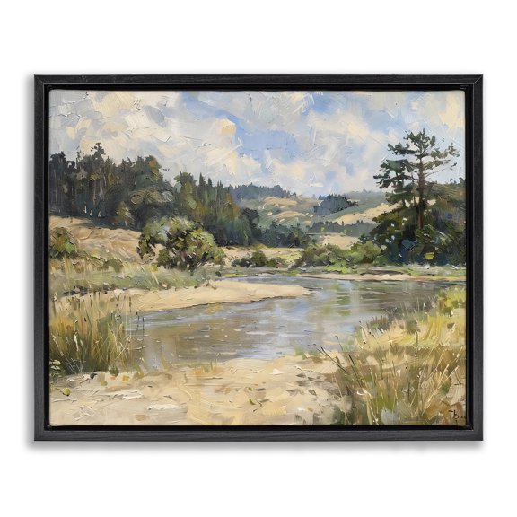 Stupell Industries Rustic Lodge Sunlit River Landscape Black Floating Frame Canvas Art, 21 x 17, by LSR Design Studio