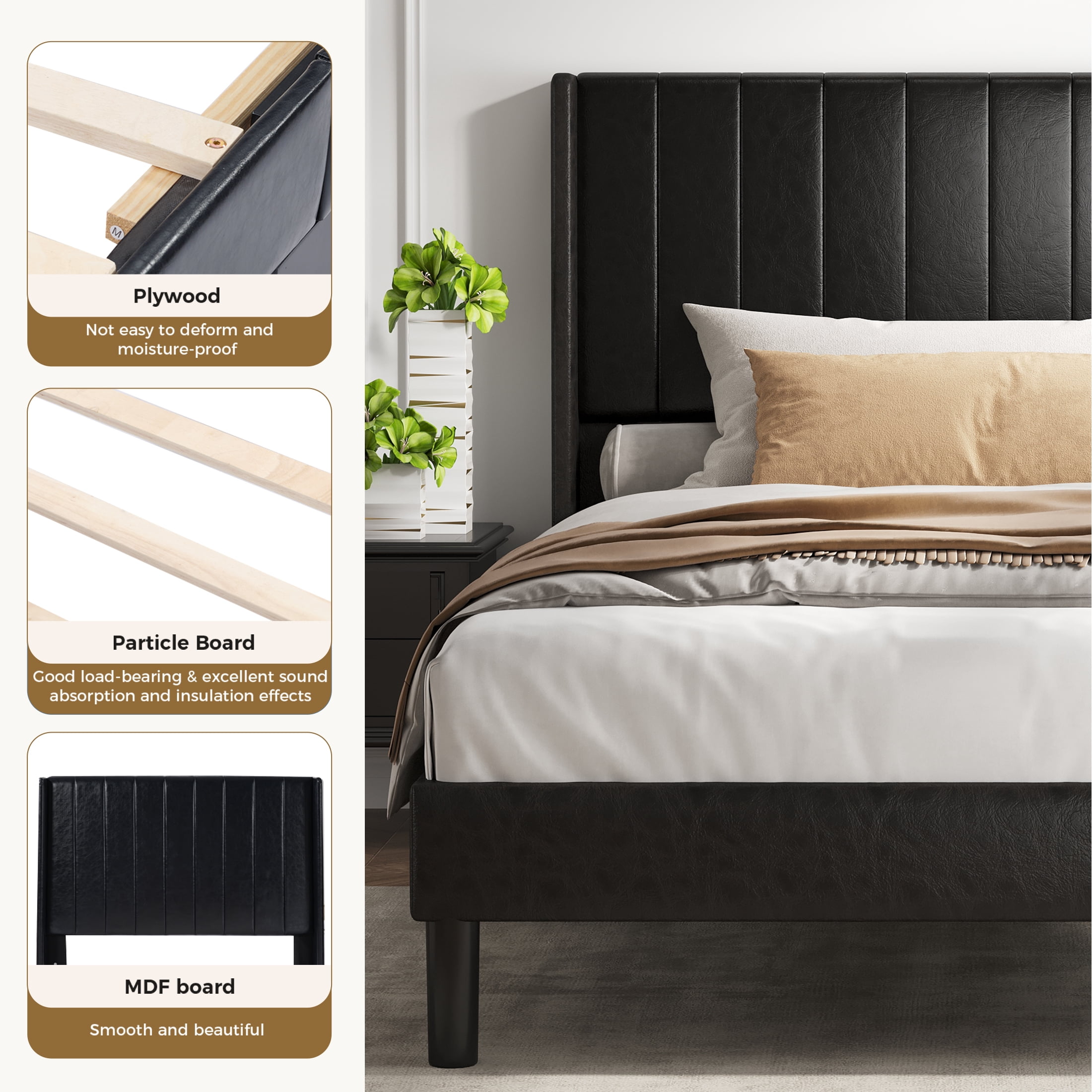 EDX Full Size Upholstered Platform Bed Frame with Padded Wingback Headboard, Modern Accent Bedroom Furniture, Black PU Leather
