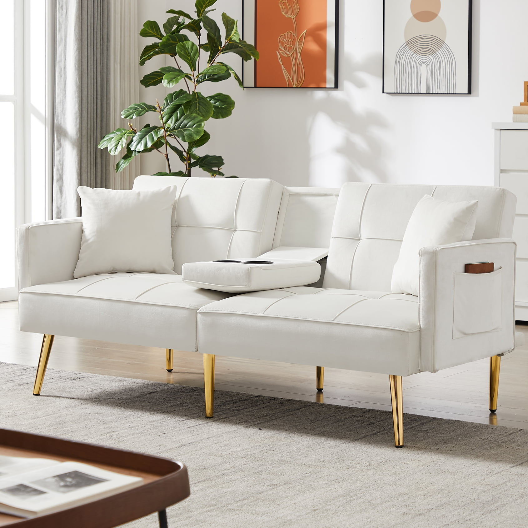 Yardi Yard Velvet 69" Convertible Loveseat Sofa Bed with 2 Cupholders for Living Room Cream