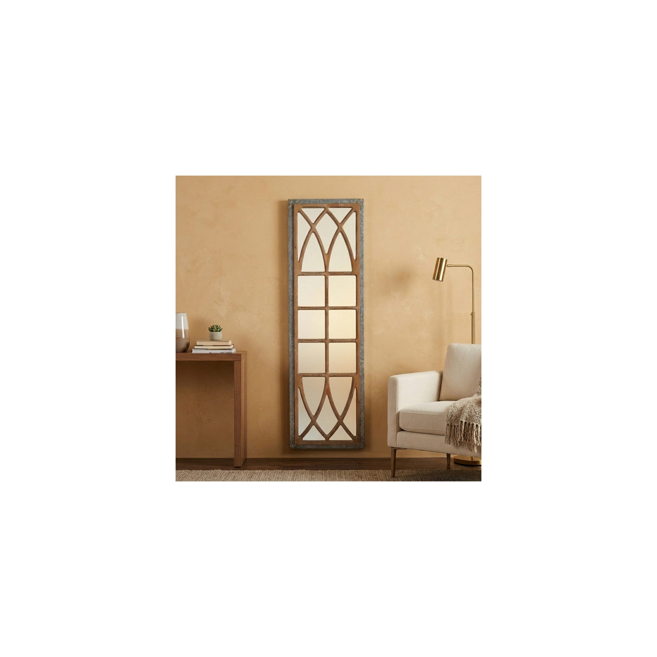 DecMode 15" x 52" Brown Window Pane Inspired Panel Geometric Wall Mirror with Galvanized Metal Frame