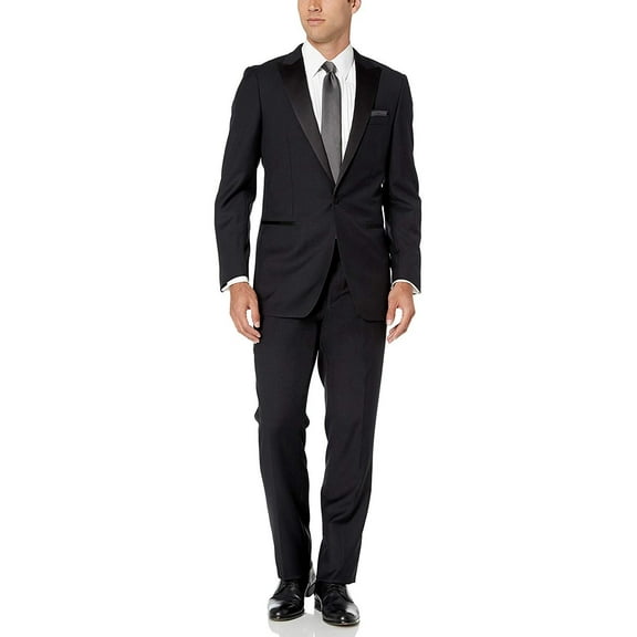 Adam Baker by Mantoni Men's Regular Fit 100% Wool Peak Lapel Tuxedo - Black - 36S