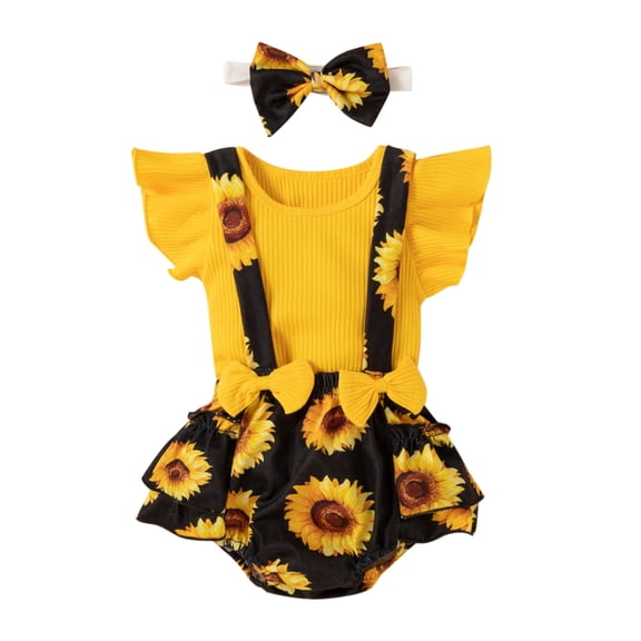 LMTODLFG Baby Boy Clothes Girls Clothes T Shirt Tops Floral Suspender Shorts Ruffle Sleeve Outfits Headband Set Spring Summer 0-18 Months 12 Month Girl Clothes Yellow 12-18 Months