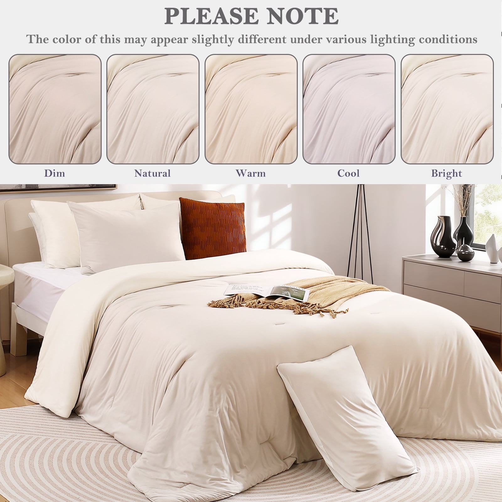 Aship King Comforter Set, 3Pcs Cozycash PCM Bedding Set with Temperature Regulating for All Season, Reversible Skin-friendly Bedding, 1Comforter & 2 Pillowcases Beige