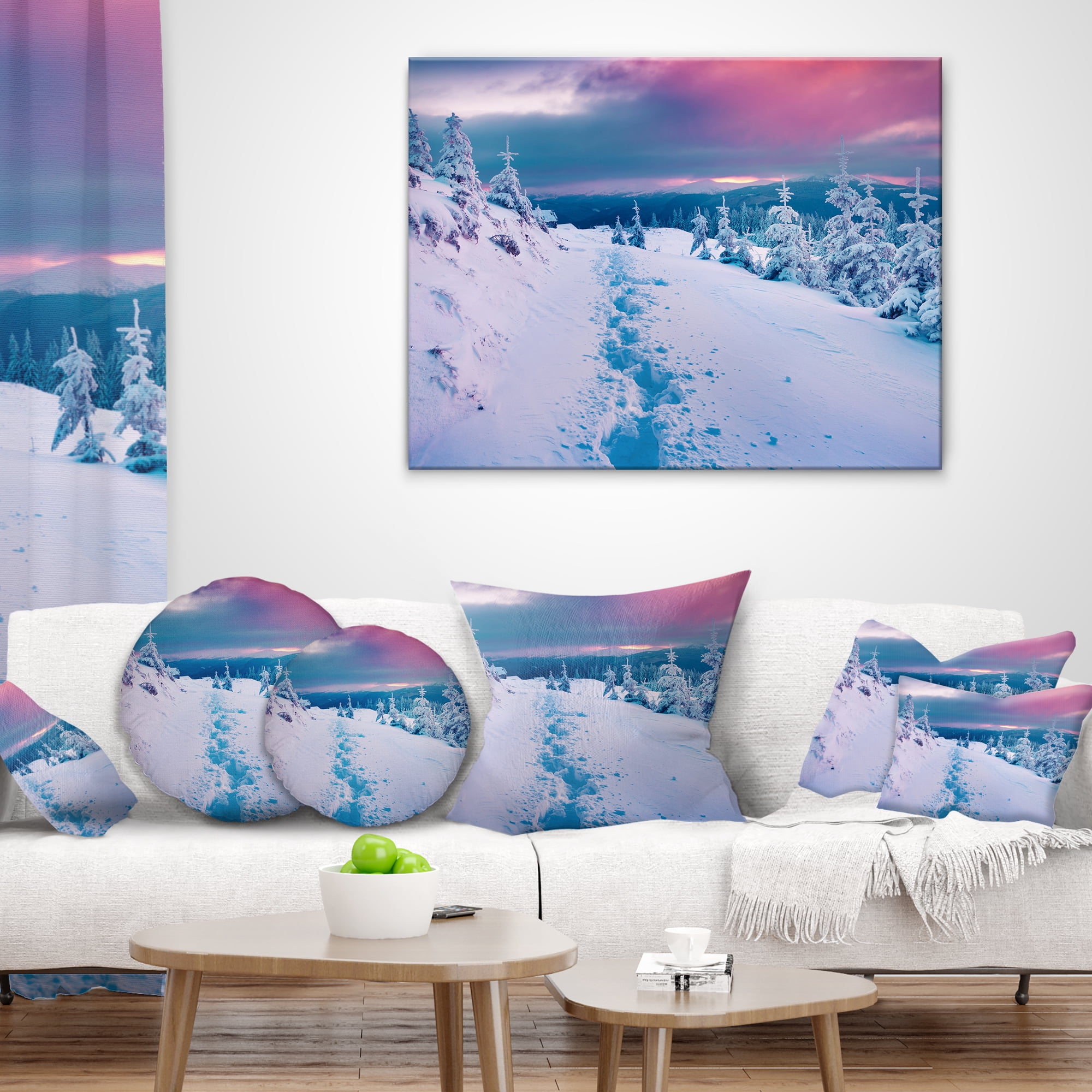 Designart Beautiful Sunrise over Winter Mountains - Landscape Printed Throw Pillow - 12x20