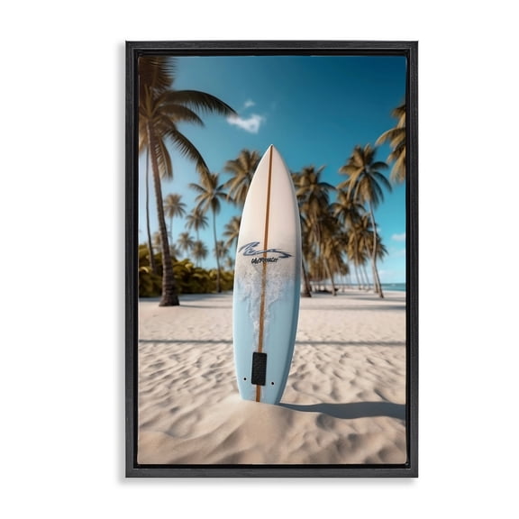 Stupell Industries Coastal Standing Surfboard Coastal Blur Black Floating Frame Canvas Art, 17 x 25, by LSR Design Studio