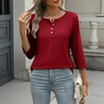 thumbnail image 4 of Atogsazn Womens 3/4 Sleeve T-shirt Casual Button Crew Neck Blouse Basic Tops Loose Outfit Tee Pullover Red XXL, 4 of 9