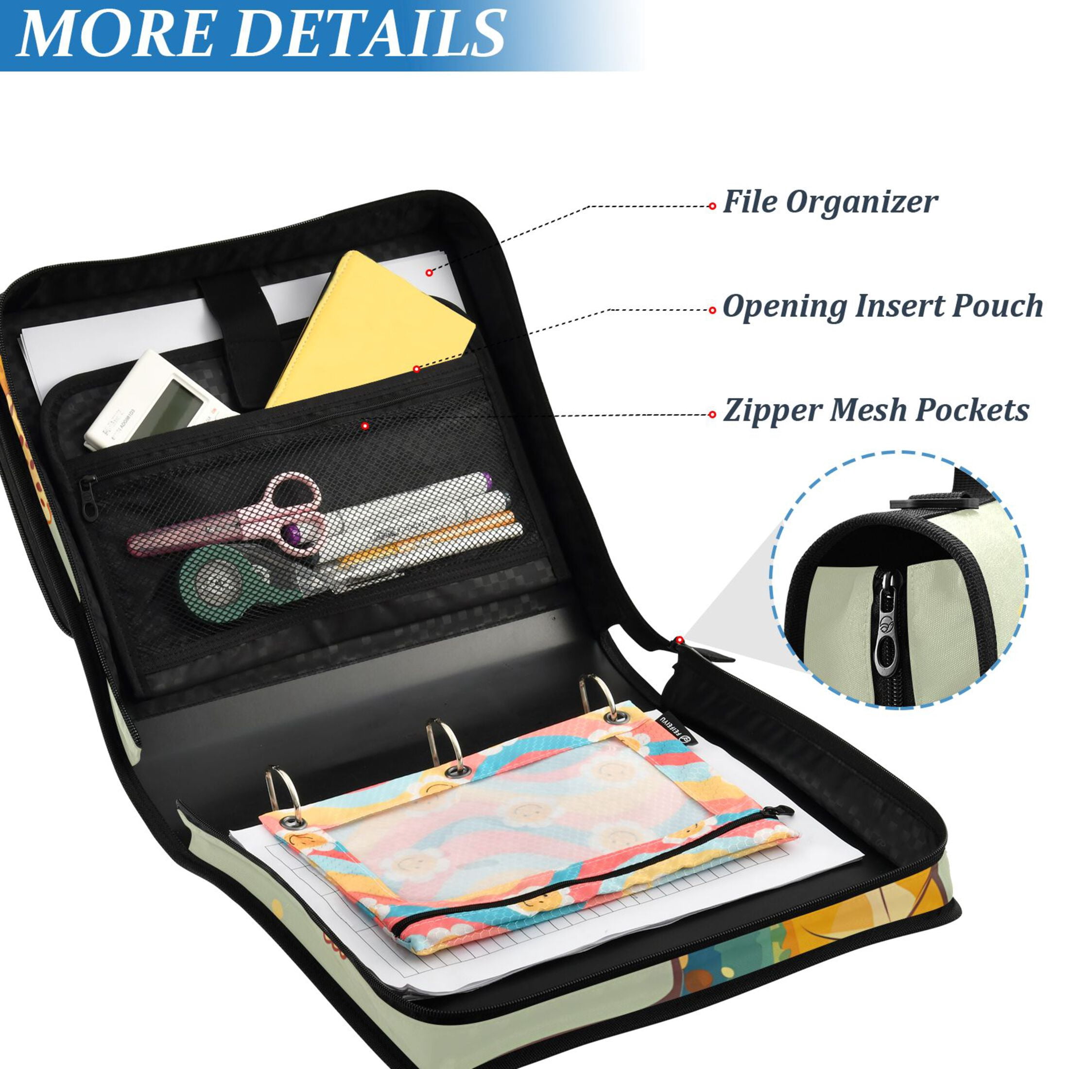 3 Ring Zipper Binder with Shoulder Strap Waterproof Trapper Keeper 2 Inch D-Ring 500 Sheets Capacity Cute Snake with Hat