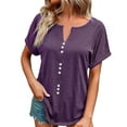 thumbnail image 1 of Bigersell Women T Shirts Loose Fit Women's Summer Solid Color V-Neck Button Tops Short Sleeve Lapel Shirt Plus Muscle Round Neck Short Sleeve Ladies Tops and Blouses Style B28141, Purple XXL, 1 of 8