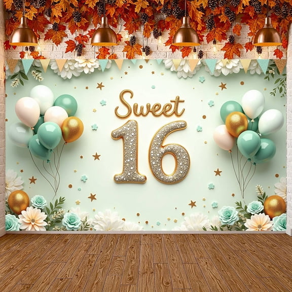 Gold Glitter Sweet 16 Banner Pastel Balloons 16th Birthday Display Floral Decor Star Pattern Sweet Sixteen Backdrop for Sweet 16 Party Teen Birthday Celebration Indoor Party Decor