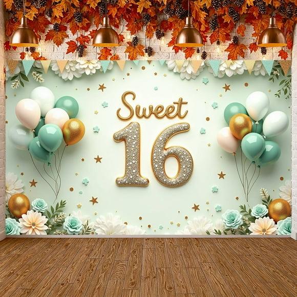 Bannière Sweet 16 à Paillettes Dorées Ballons Pastel Affichage 16e Anniversaire Décor Floral Motif Étoile Sweet Sixteen Toile de Fond pour Fête Sweet 16 Célébration d'Anniversaire Ado Décor de Fête Intérieur
