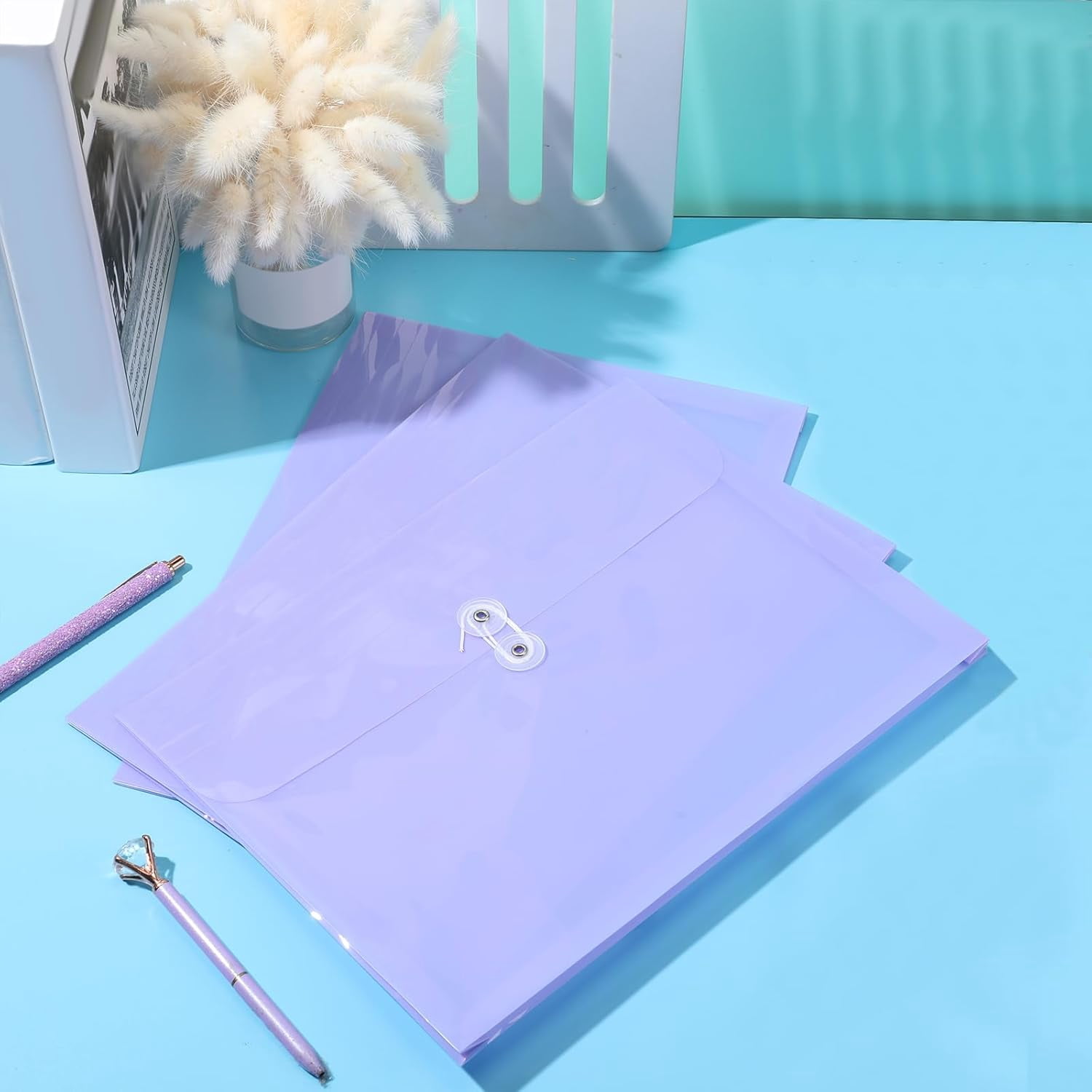 12 Pcs Letter Size Plastic Envelopes with String Closures Employee File Folders Reusable Poly Pockets Side Load Plastic Document Envelope Plastic Paper Organizer for Office School Home (Clear)