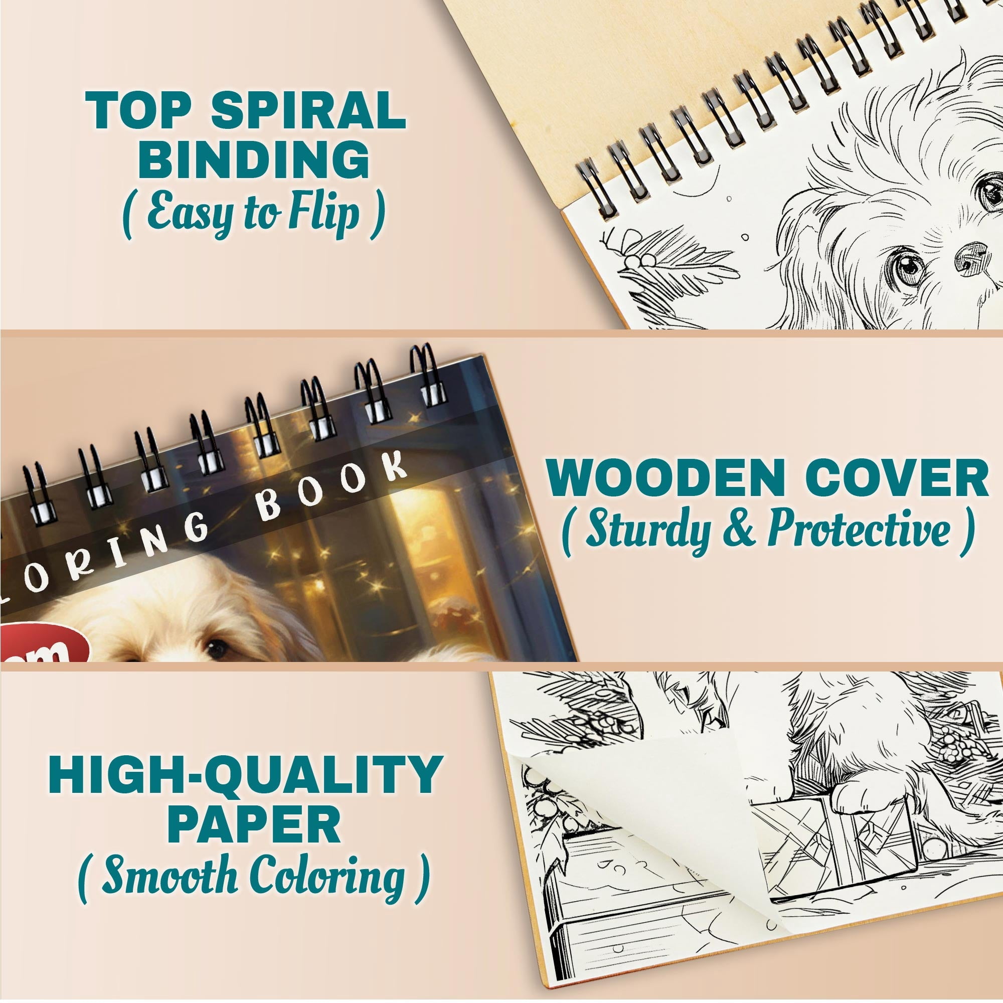 Netecom Christmas Puppies Coloring Book Spiral Bound for Adults, A5 Wooden Cover, 30 Adorable Coloring Pages of Puppies in Winter Scenes for Stress Relief and Relaxation