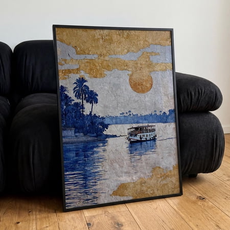 Blue Gold Foil Style River Nile Travel Kitchen Home Accent Stylish Wall Decor Unframed Paper Print