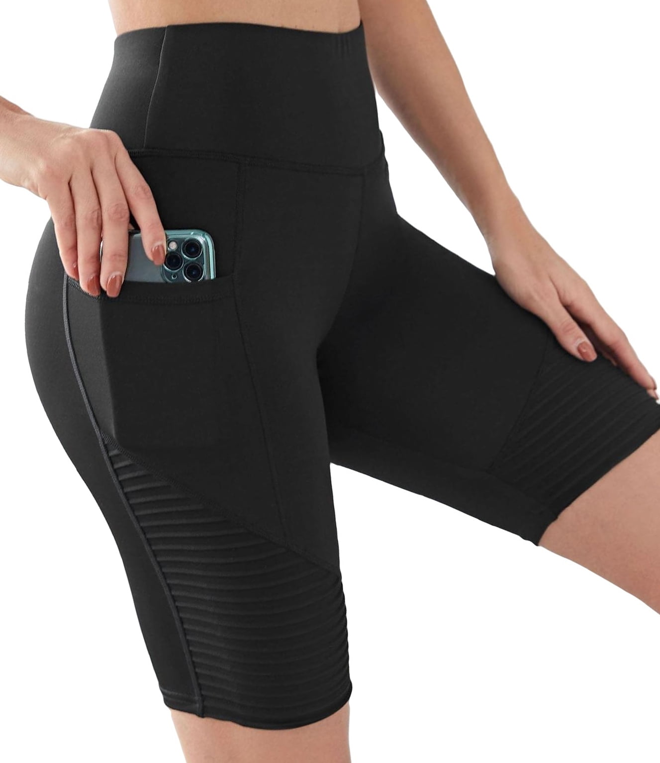 Womens Activewear Sports Leggings Biker Shorts with Phone Pocket Solid