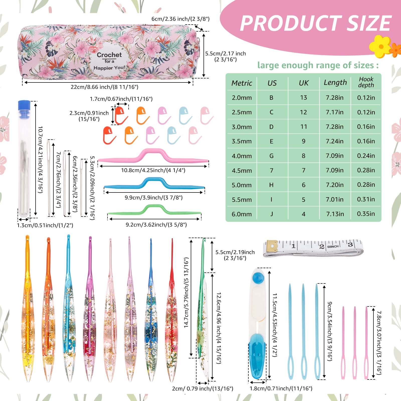 FYJUCPA Crochet Hook Set, 9PCS Ergonomic Hooks with Floral Resin Grip & Storage Bag, for Blanket Doll Shawl Hat Scarf Crocheting, Great Gift