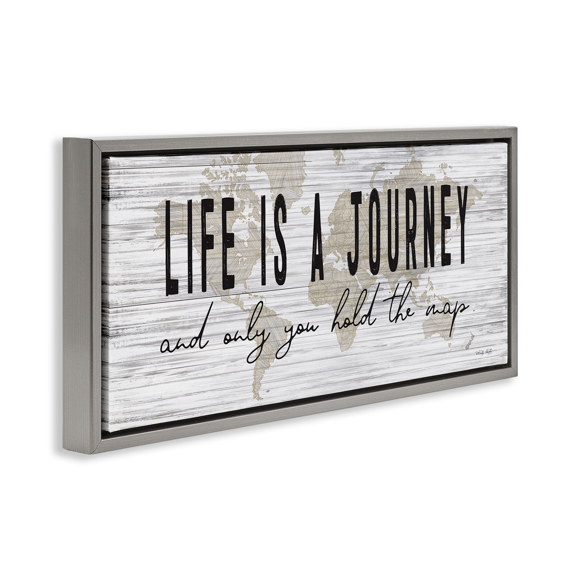 Stupell Industries Life Is a Journey Rustic World Map Inspirational Painting Gray Floater Framed Canvas Art Print Wall Art, 25 x 11