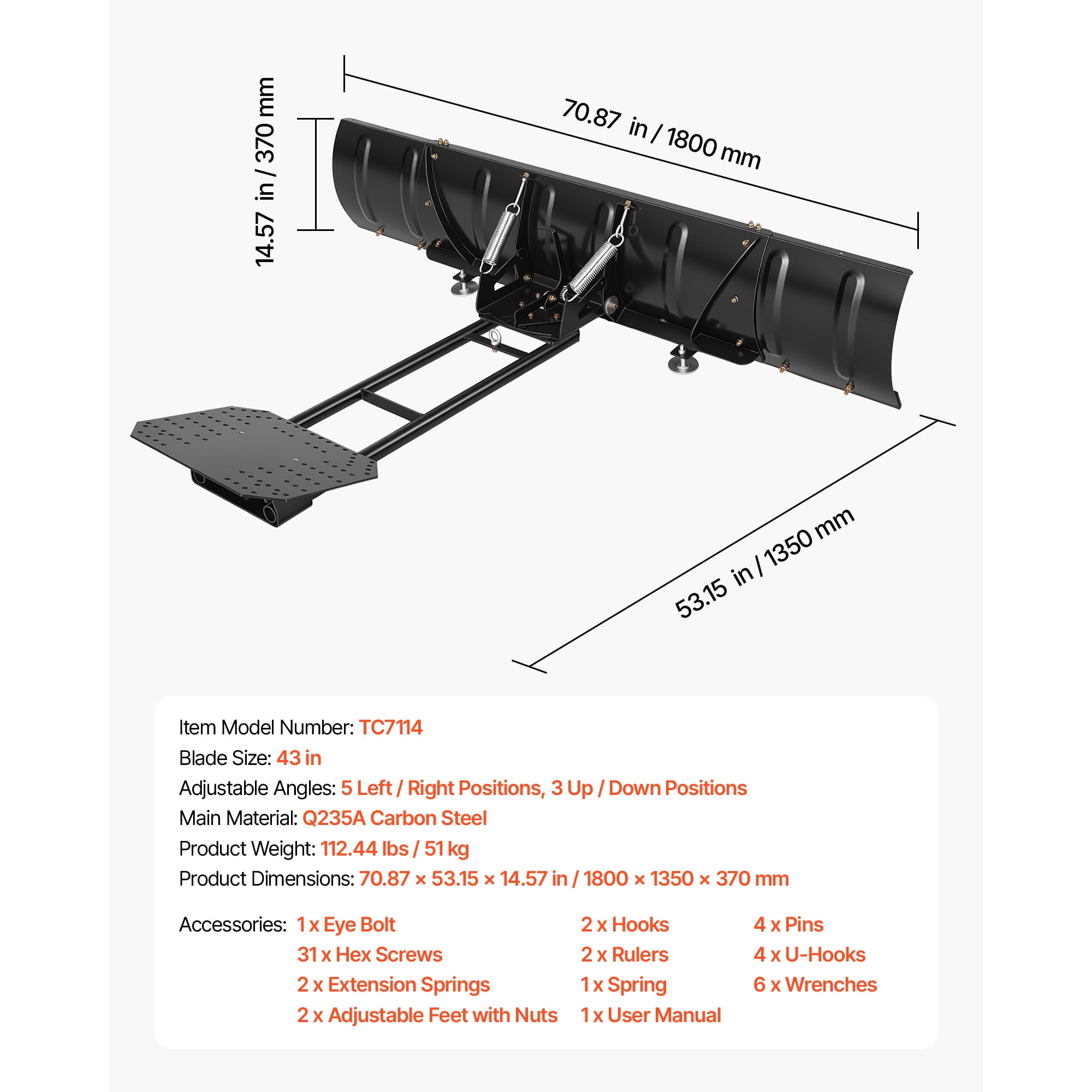 KFFKFF Adjustable Snow Plow Kit with 43-72 Inch Width for ATVs and UTVs, Features Height and Angle Adjustments, Three Mounting Options, Durable Steel Blade for Effective Snow Removal