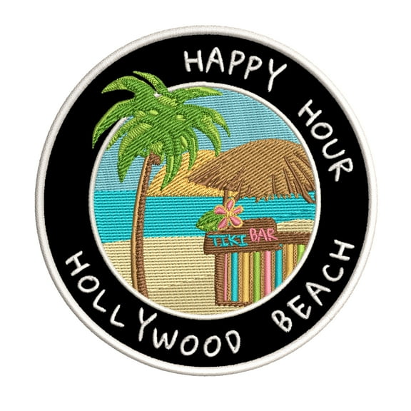 Happy Hour! Hollywood Beach, Florida 3.5 Inch Iron Or Sew On Embroidered Fabric Badge Patch Ocean Beach, Salt Life Iconic Series