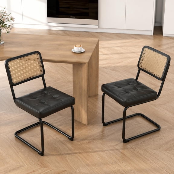 Mid-Century Modern Rattan Dining Chairs with PU Leather Cushion, Cantilever Kitchen Side Chairs with Cane Back and Black Metal Legs, Set of 2, Black