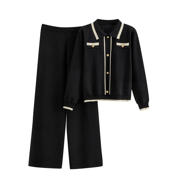 HAPIMO Women's 2 Piece Sets Casual Lapel Sweater Long Sleeve Buttong Down Knit Top High Waist Wide Leg Pant Trendy Loungewear Set Black