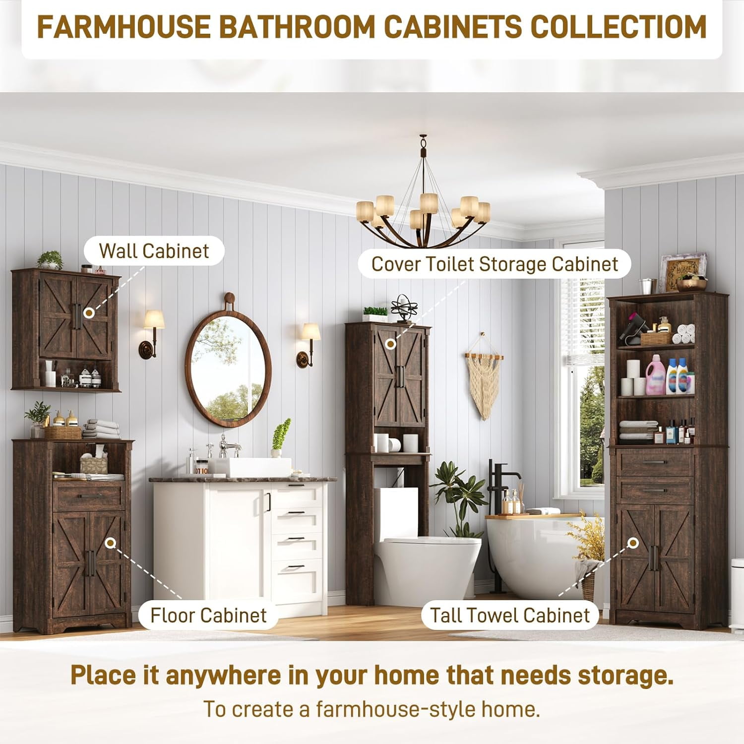 Farmhouse Floor Storage Cabinet with Drawers & 2 Barn Doors, Wood Bathroom Storage Cabinet with Roman Column Decor, Farmhouse Storage Cabinets with Adjustable Shelf & Door Cabinets, Rustic Brown