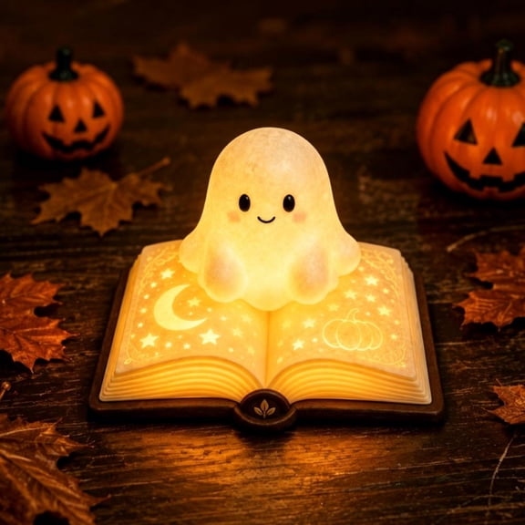 Ghost Reading Book Resin Nightlight, Cute Halloween Figurine Lamp for Bookshelf Desk Bedside Table, Warm Glow Home Decor Accen
