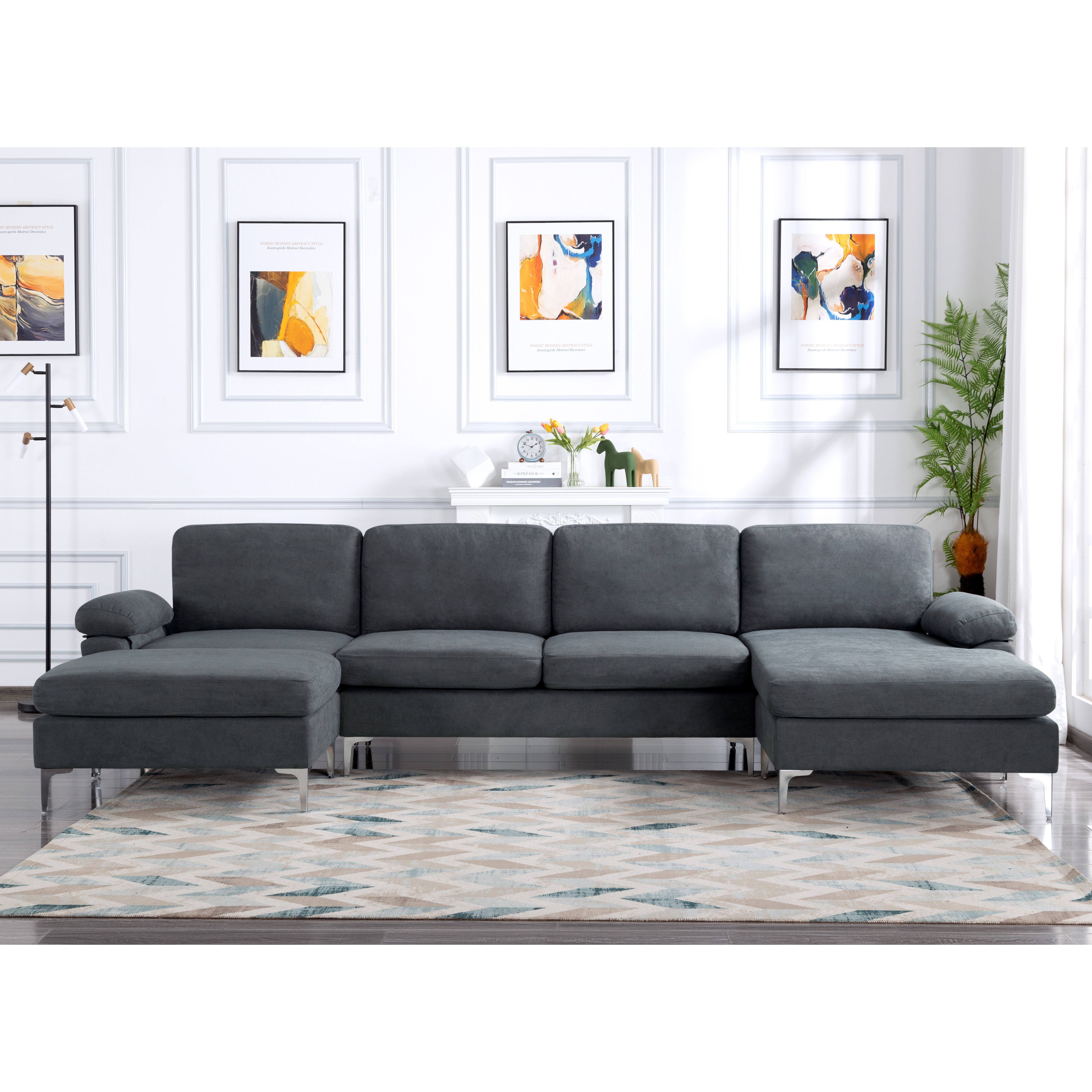 Oversized U-Shaped Sectional Sofa Couch,Convertible Modular Sofa,Upholstered Sleeper Sofa Couches with Reversible Chaise Lounge and Movable Ottomans for Living Room,Dark gray