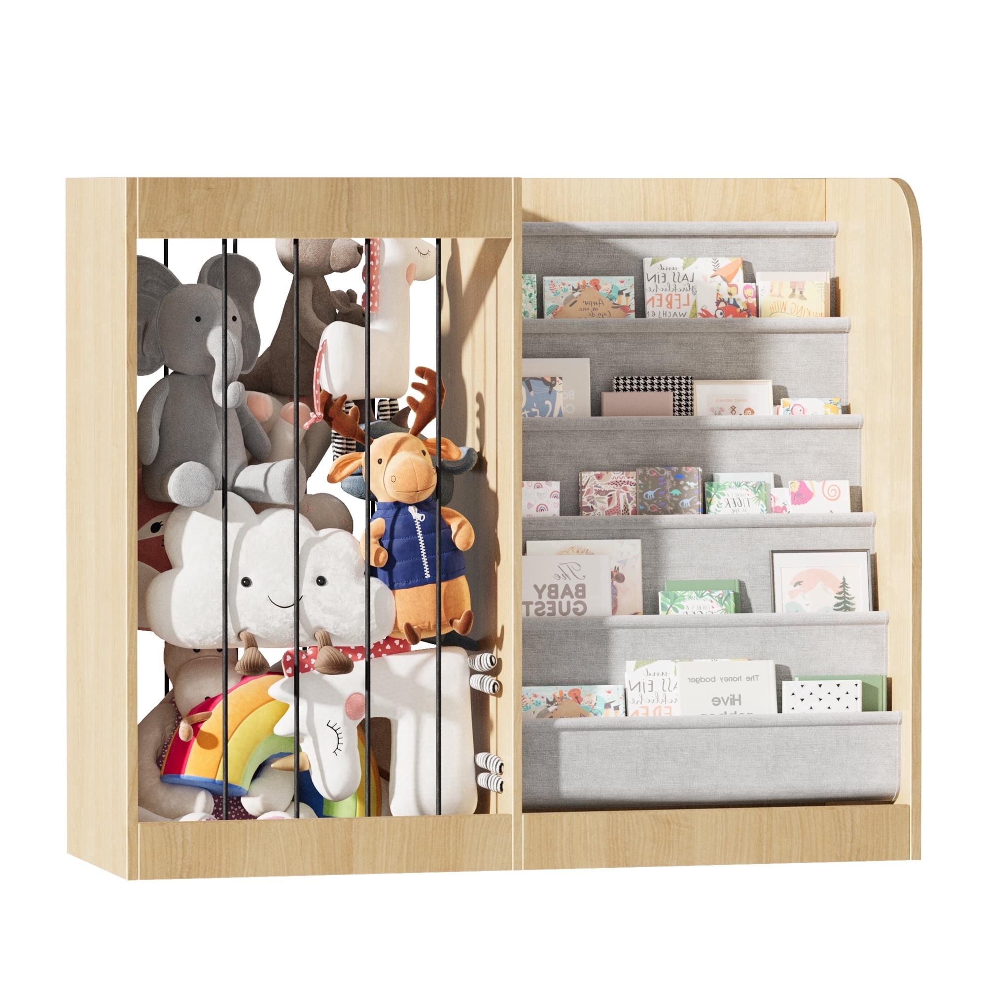Hironpal Kids Bookshelf and Toy Storage, Toddler Stuffed Animal Storage with 5-Tier Bookshelf,Montessori Toddler Bookcase,Natural